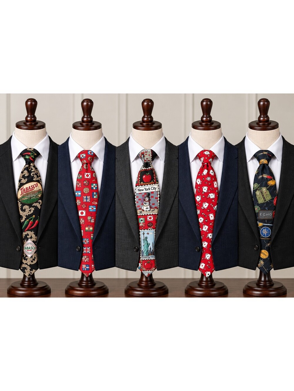 Set of 5 Vintage Themed Men's Neck Ties with Unique Prints